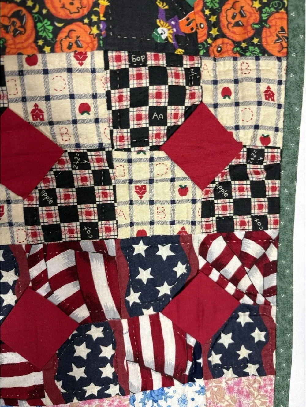 Vintage Handmade Holiday Sampler Patchwork Quilt 43x42 Christmas Halloween USA